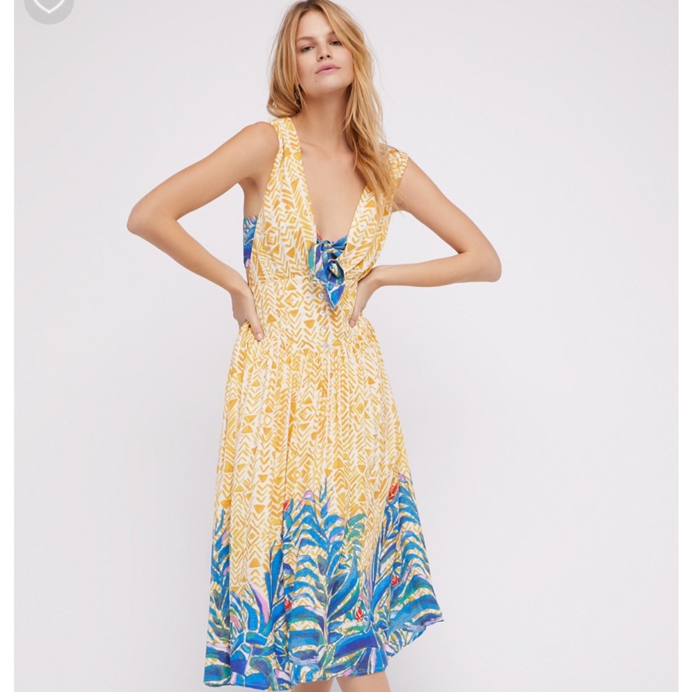 Vintage Free People 2-piece Yellow and Blue Patterned Midi Dress